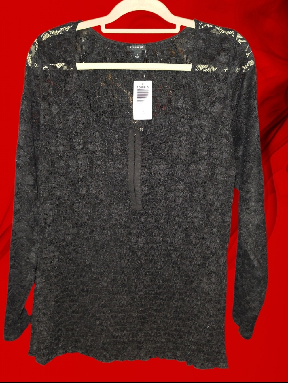 NWT Torrid Black Smocked Strech Lace  Henley Knit Top